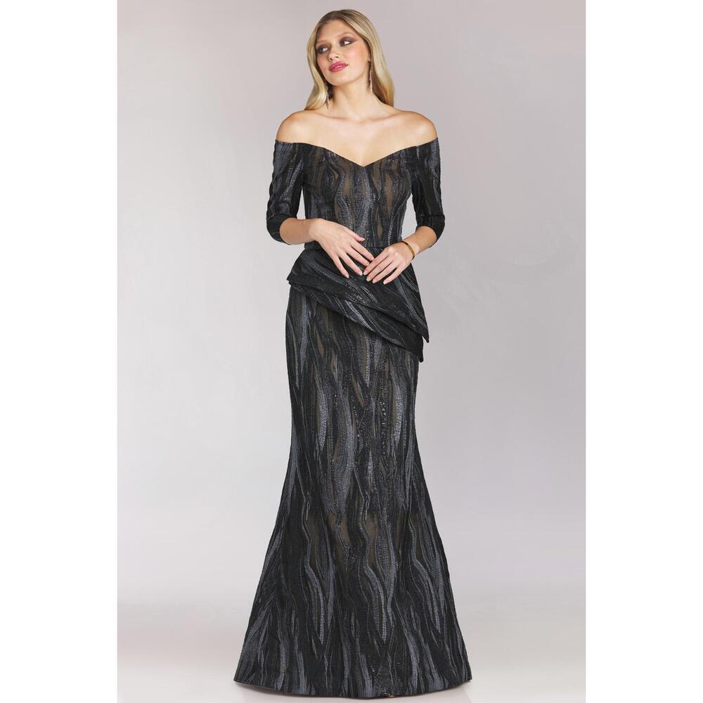 NEW FERIANI off-shoulder quarter trumpet dress in charcoal